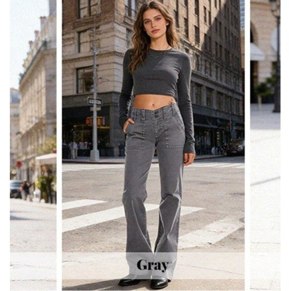 Flamingals Gray Utility Straight Leg Pants High Rise Patch Pocket XL NWT